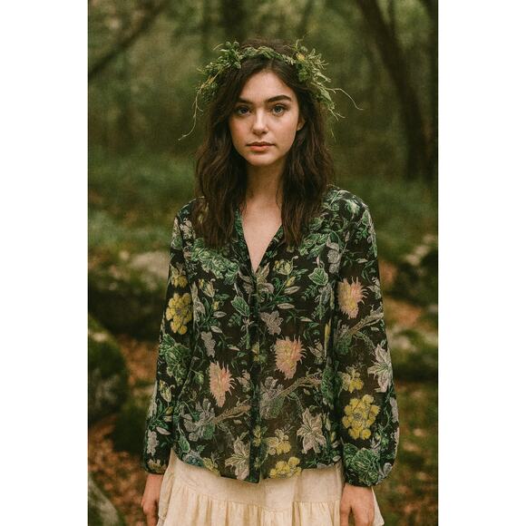 Club Monaco Sheer Floral Blouse Small Green Black Garden Fairy Whimsigoth Witchy - Picture 1 of 8
